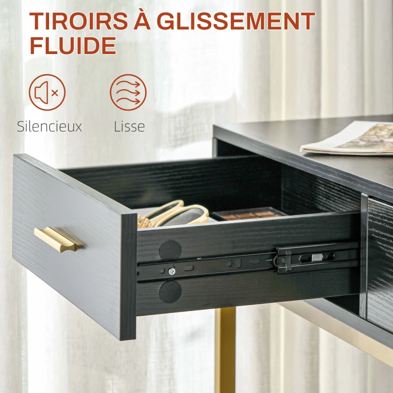 HOMCOM Coiffeuse avec miroir et éclairage intégré, tabouret rembourré, 2 tiroirs, étagères, coiffeuse moderne, noir