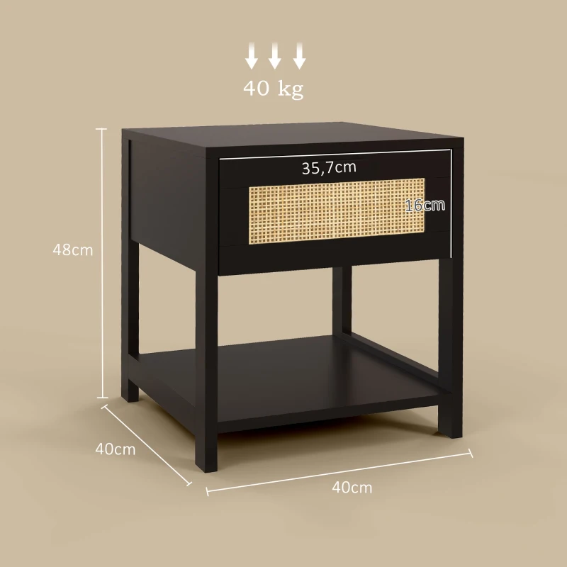 HOMCOM Table de chevet table de nuit avec tiroir et étagère, cannage en rotin, dim. 40L x 40l x 48H cm noir