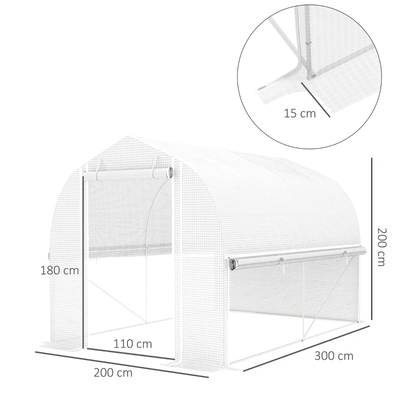 Outsunny Serre tunnel en polytunnel 3 x 2 x 2 m avec parois latérales à enrouler, couverture en plastique résistant aux UV et cadre en acier galvanisé, Blanc