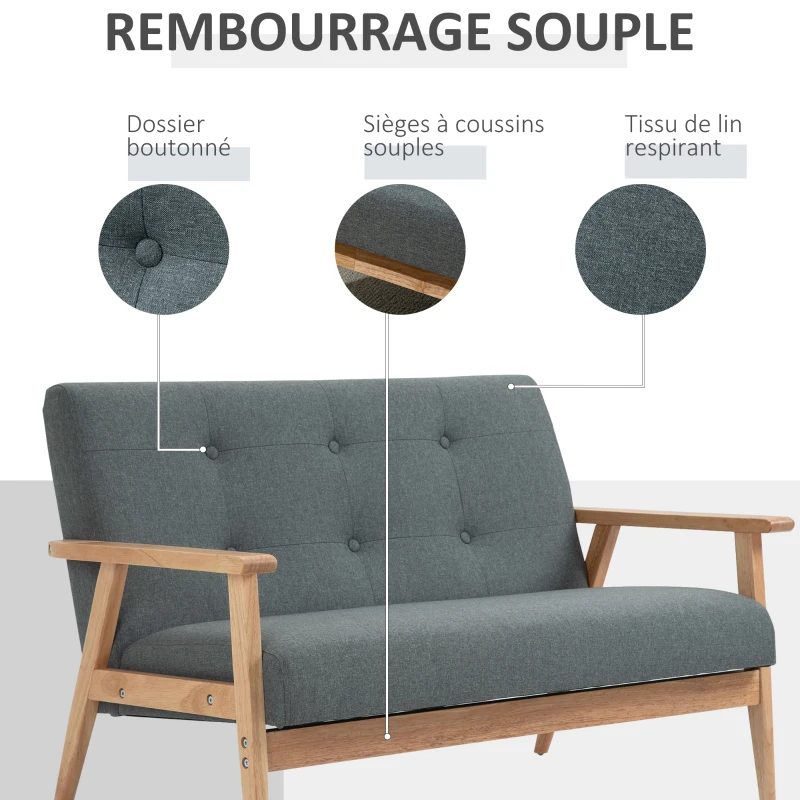 HOMCOM Canapé 2 places style scandinave avec accoudoirs, pieds en bois, 115l x 66,5P x 73H cm, gris