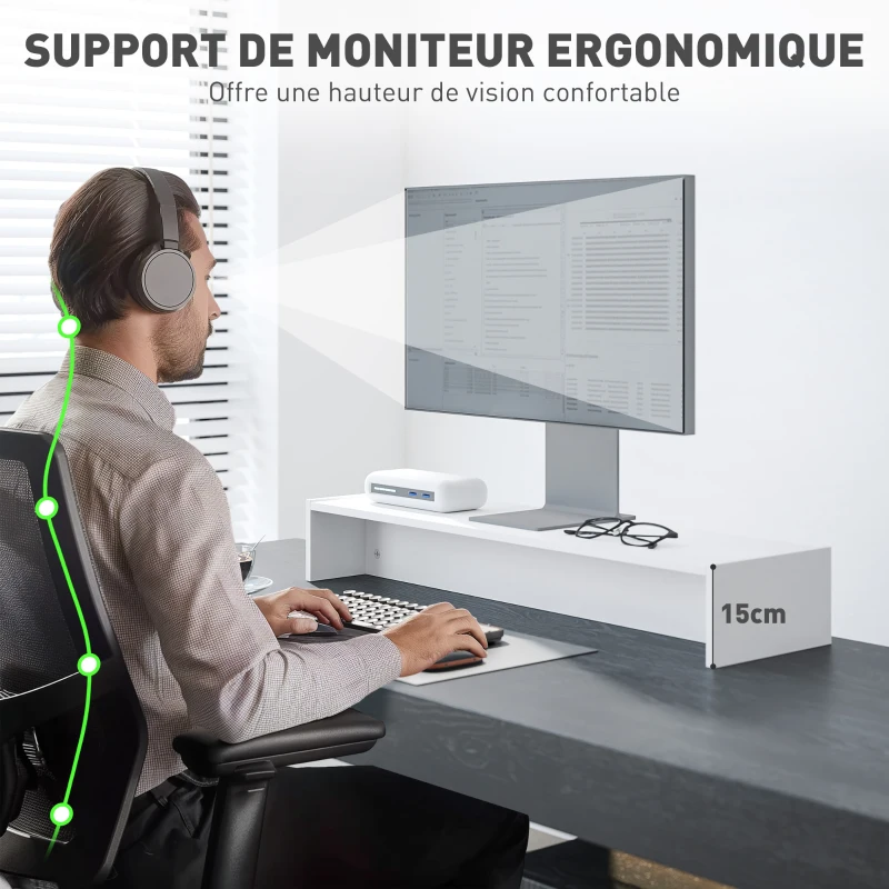 HOMCOM Rehausseur écran PC bureau support d'écran d'ordinateur de 100 cm support moniteur avec deux compartiments, blanc