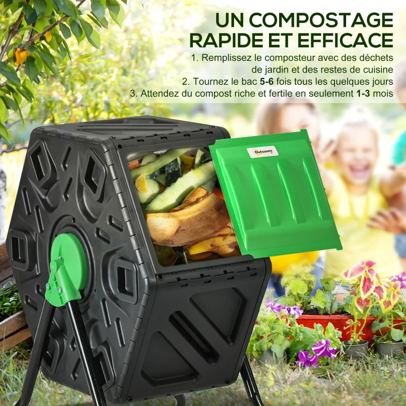 Outsunny Composteur de jardin bac composteur pour jardin rotatif 360° en polypropylène 65 L 24 trous 60 x 49 x 77 cm noir