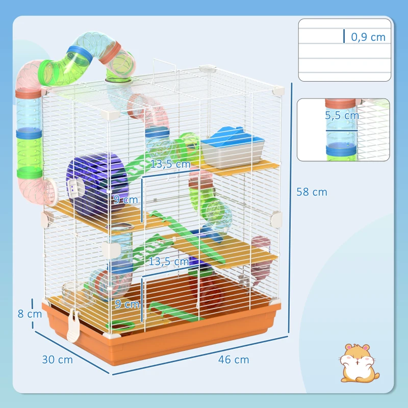 PawHut Cage pour hamster rongeur 4 étages avec tunnels mangeoire roue maison échelles dim. 46L x 30l x 58H cm orange(m-3)