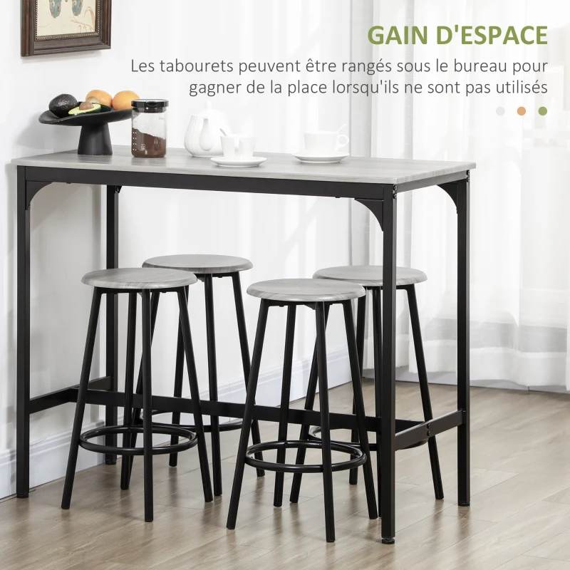 HOMCOM Ensemble table haute et 4 tabourets avec Repose-Pieds, métal noir et aspect bois pour cuisine salle à manger