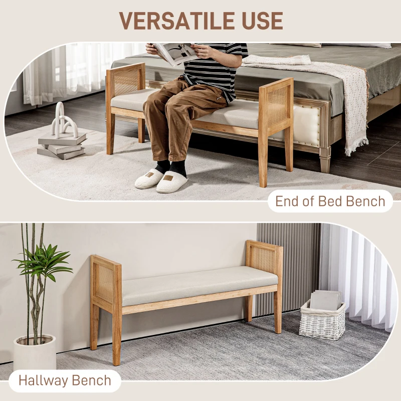HOMCOM Linen-Look End of Bed Bench with Rattan Armrests and Solid Wood Frame 120 x 38 x 61.5 cm Beige