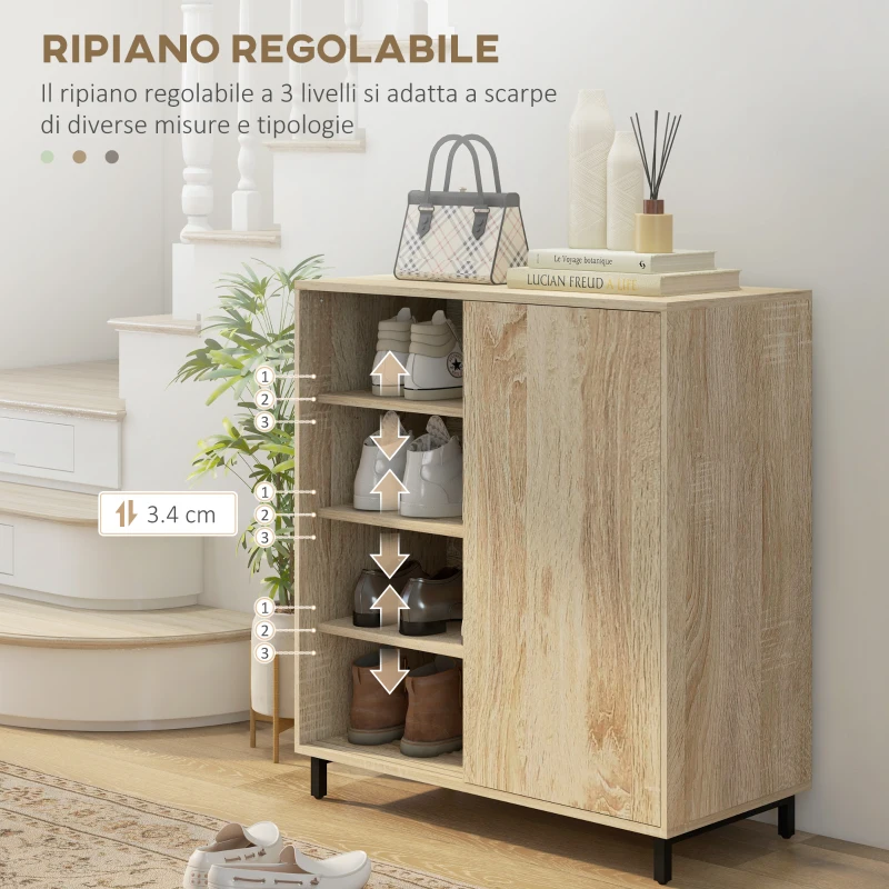 HOMCOM Scarpiera a 4 Livelli in Truciolato e Acciaio con Ripiani Regolabili, max 12 Paia, 80x40x93 cm, Color Legno