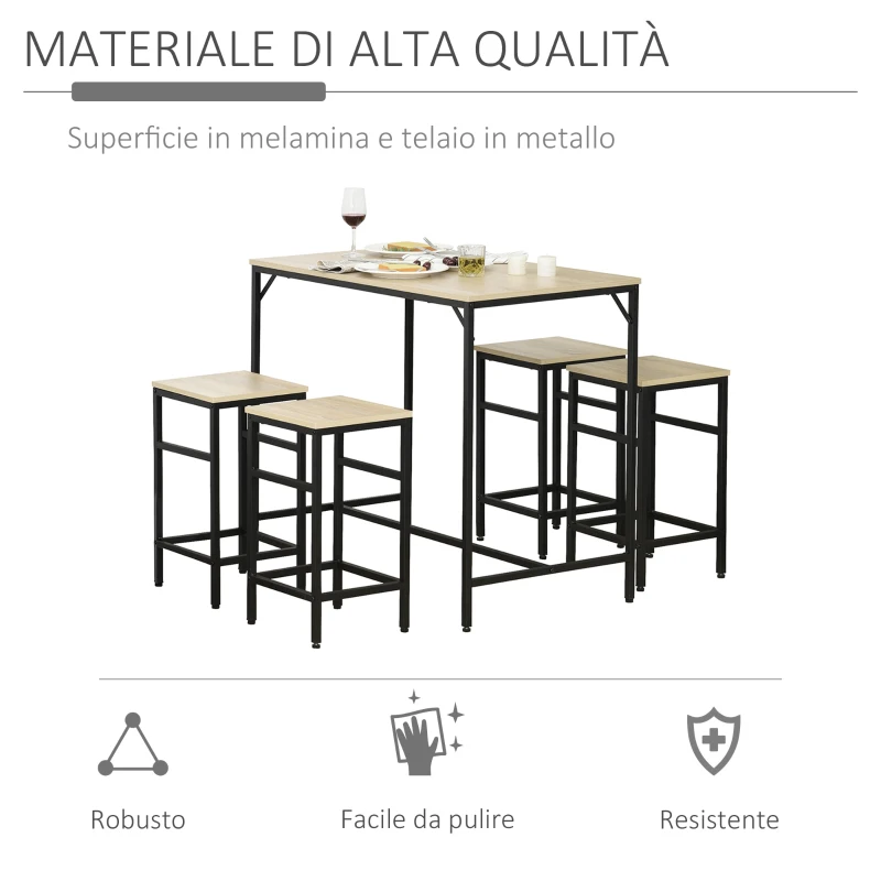 HOMCOM Set Tavolo Alto con 4 Sgabelli Stile Industriale in Metallo e Legno, Rovere Chiaro