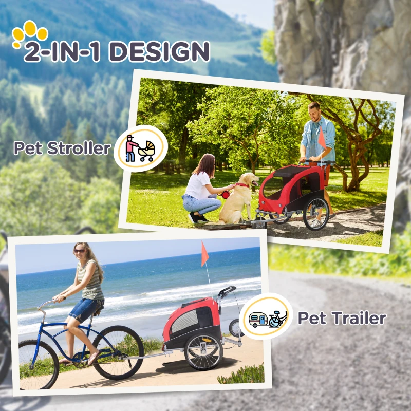 HOMCOM 2-in-1 Pet Bike Jogger Trailer with Swivel Front Wheel, Reflectors, and Hitch Bar Included in Red Black