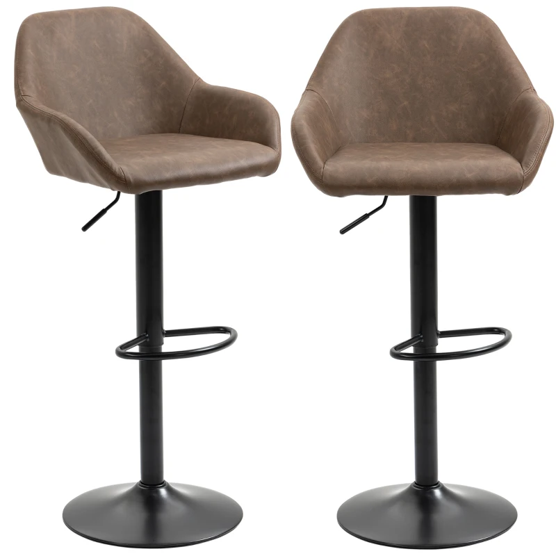 HOMCOM Bar Stools Set of 2, Height Adjustable Swivel Barstools, PU Leather Kitchen Stools with Backs, Armrests and Footrest for Home, Counter and Dining Room, Dark Brown