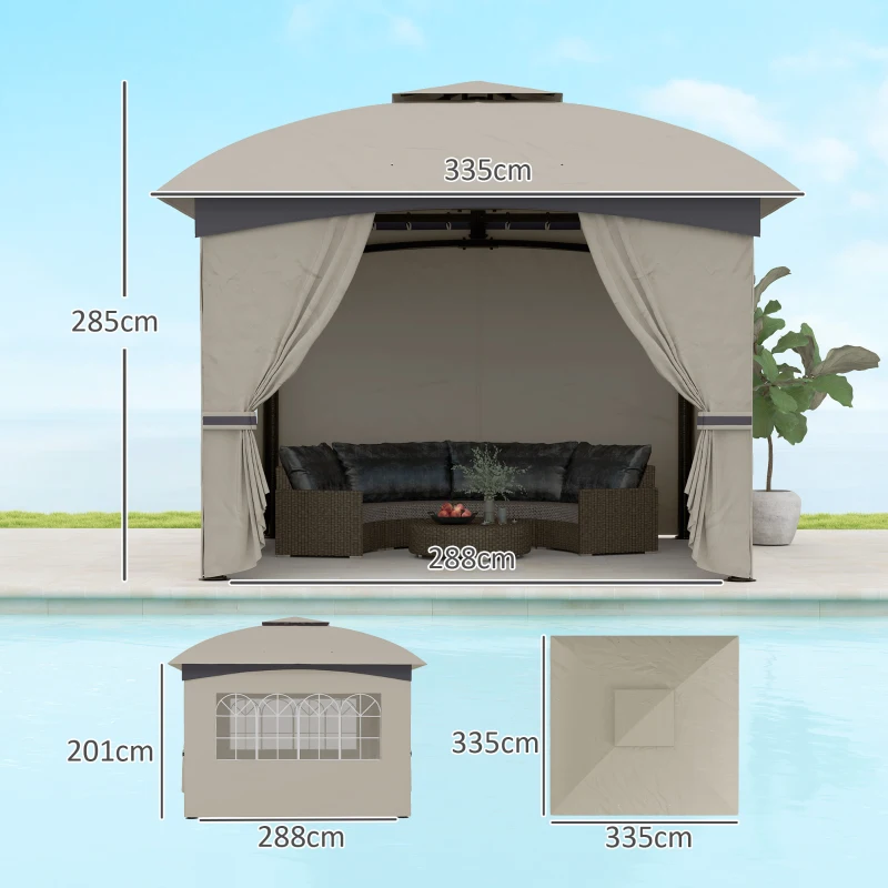 Outsunny Pavillon de jardin 3,4 x 3,4 m, chapiteau avec toit ventilé, fenêtres en arc, structure en acier, gris clair