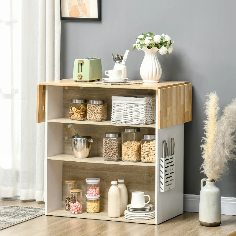 HOMCOM Central Kitchen Island Storage Kitchen Cabinet with Foldable Rubber Wood Worktop and 2 Shelves - 140 x 55 x 91 cm