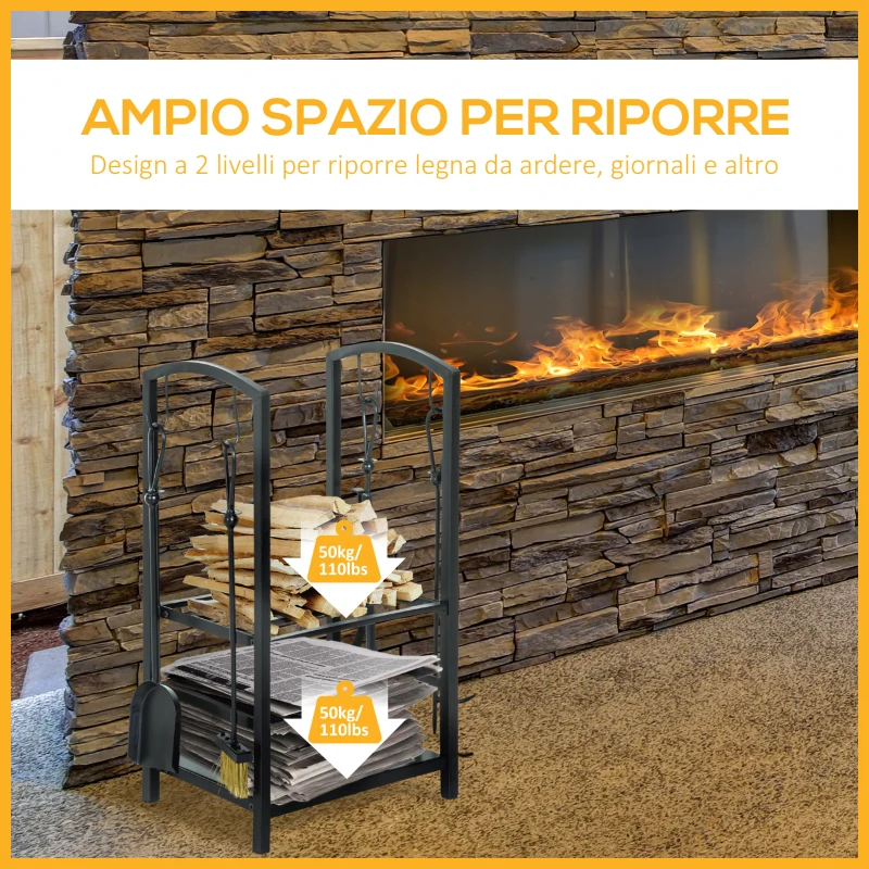 Outsunny Portalegna da Interno ed Esterno in Metallo a 2 Ripiani, Porta Legna per Interni, Paletta, Scopa, Attizzatoio e Pinza, 40x30x74.5 cm, Nero