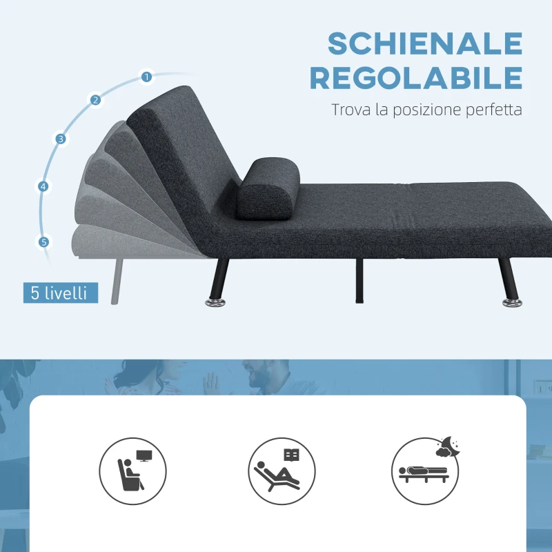 HOMCOM Poltrona Letto 3 in 1 con Schienale Regolabile e Cuscino, in Tessuto Effetto Lino e Acciaio, Grigio Scuro