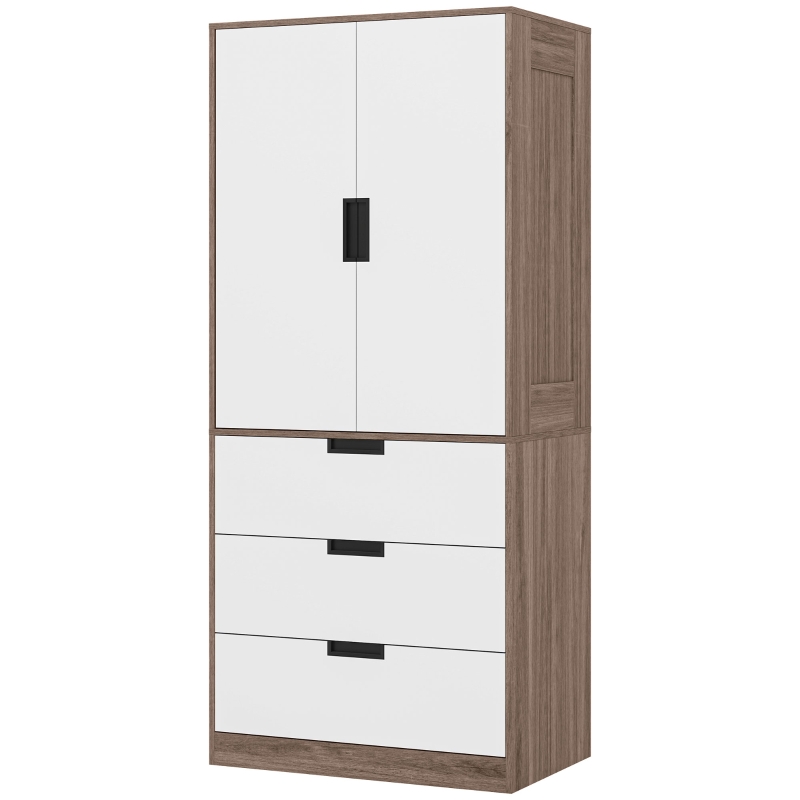 HOMCOM Kleiderschrank mit 2 Türen, moderner Schrank mit 3 Schubladen und Kleiderstange für Schlafzimmer, braun