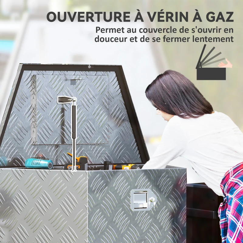 HOMCOM Boîte à outils pour remorque boîte de rangement en aluminium verrouillable en forme trapézoïdal 73,7 x 41 x 46 cm argent