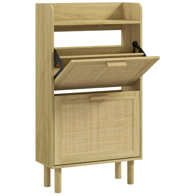 HOMCOM Mueble Zapatero Estilo Bohemio con 2 Cajones Abatibles y 1 Estante Abierto para 18 Pares de Zapatos 80x24,5x110 cm Roble