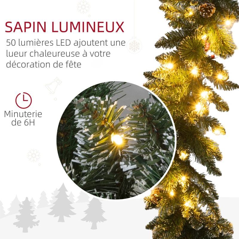HOMCOM Guirlande de Noël artificielle lumineuse de 1,8 m avec pommes de pin, grappes de baies, 50 lumières LED et minuterie