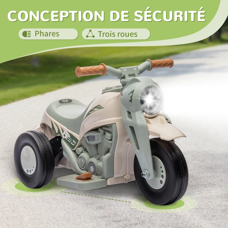 AIYAPLAY Moto électrique enfants 2-5 ans, 3 roues, 6 V, 3 km/h, avec fonction de bulles, effets lumineux et sonores, blanc crème