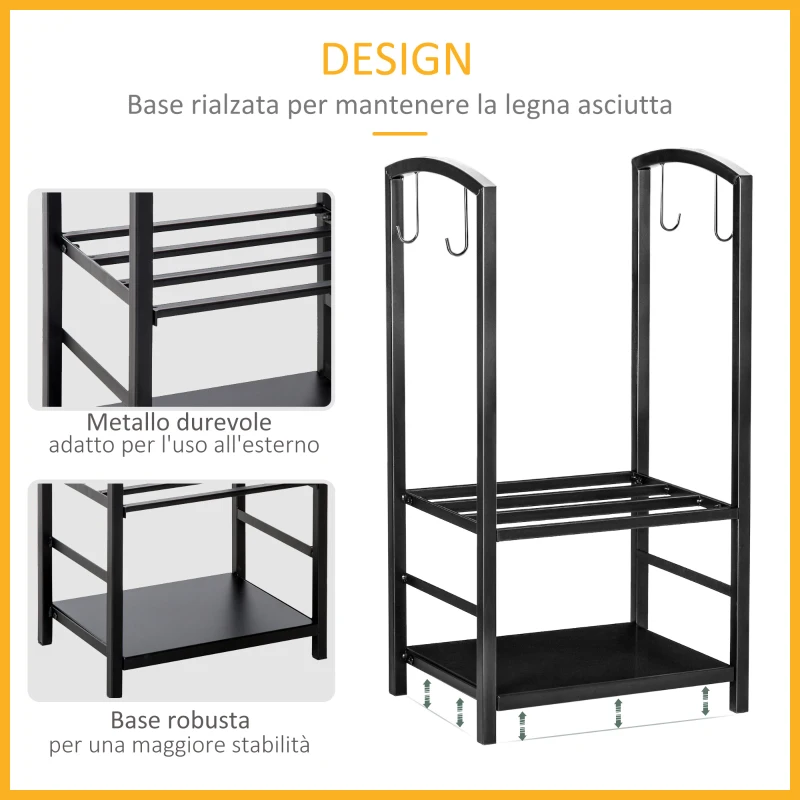 Outsunny Portalegna da Interno ed Esterno in Metallo a 2 Ripiani, Porta Legna per Interni, Paletta, Scopa, Attizzatoio e Pinza, 40x30x74.5 cm, Nero