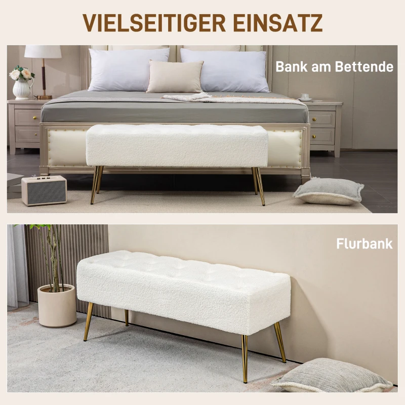 HOMCOM Polsterbank, Knopfheftung, Lammwoll-Optik, vergoldete Beine, bis 120kg, 112x41x46cm, Creme