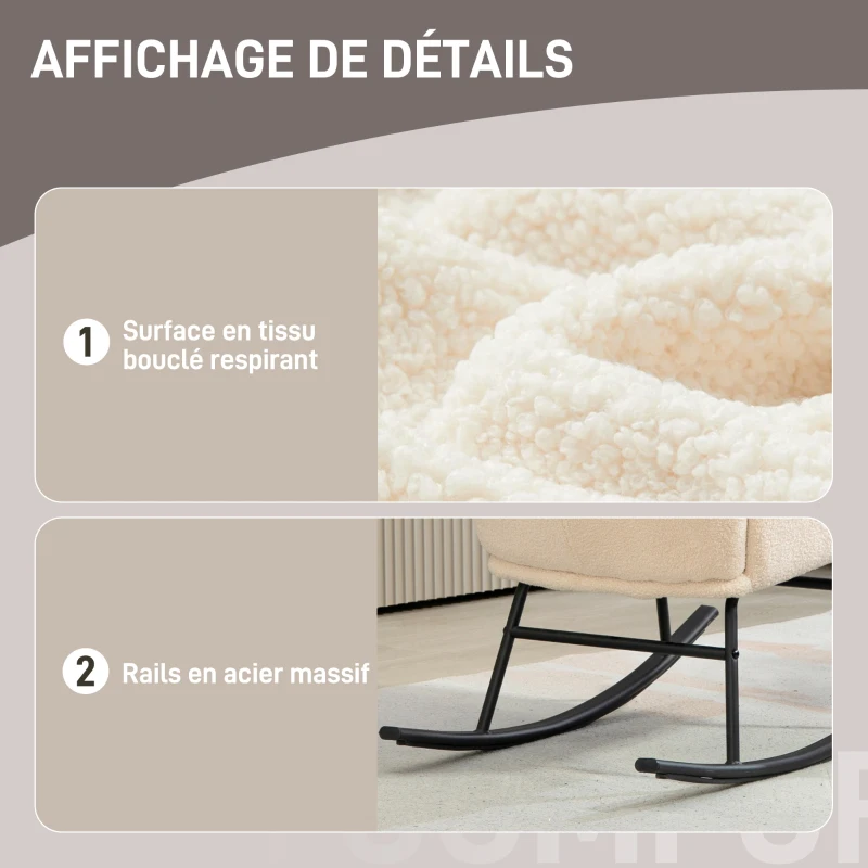 HOMCOM Fauteuil à bascule, chaise à bascule, avec assise de 10 cm d'épaisseur, pieds incurvés en acier, beige et noir