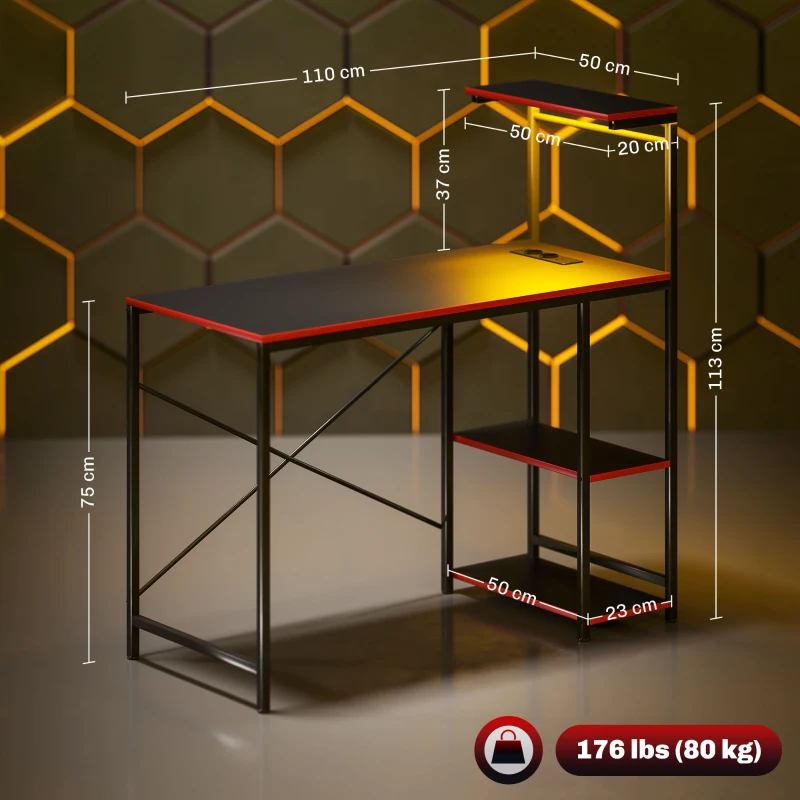HOMCOM Escritorio Gaming de Fibra de Carbono con Luces LED 110x50 cm Tomas de Corriente Estantes y Control Remoto Negro