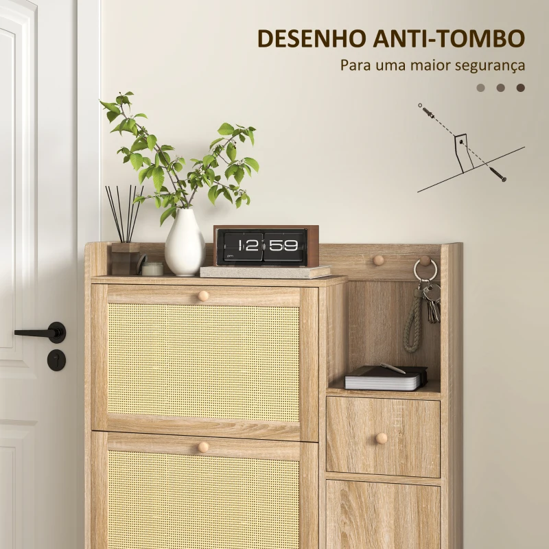 HOMCOM Móvel Sapateira com 3 Gavetas com Frente em Vime para 12 Pares de Sapatos Prateleiras Ajustáveis 80x23x120 cm Carvalho