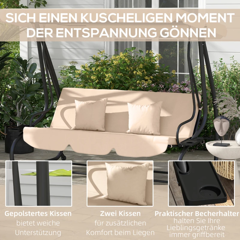 Outsunny Schaukelbank, 3-Sitzer Hollywoodschaukel, Gartenschaukel mit Getränkehaltern, Stahl, 200 x 120 x 164 cm, Braun(m-7)