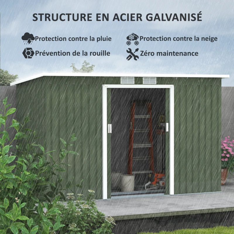 Outsunny Abri de Jardin 3,6 m² Remise à Outils avec kit de fondation en Acier galvanisé avec Portes coulissantes Vert clair(m-4)