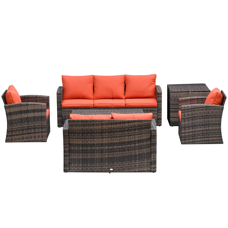 Outsunny 6 Pieces Rattan Garden Furniture Set, 7 Seater Wicker Outdoor Furniture Set with Storage Tea Table & Side Table, Sectional Garden Sofa Set with Cushions, Orange