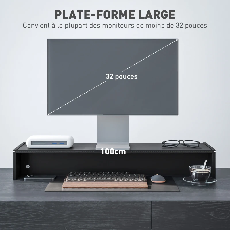 HOMCOM Rehausseur écran PC bureau support d'écran d'ordinateur de 100 cm support moniteur avec deux compartiments, noir