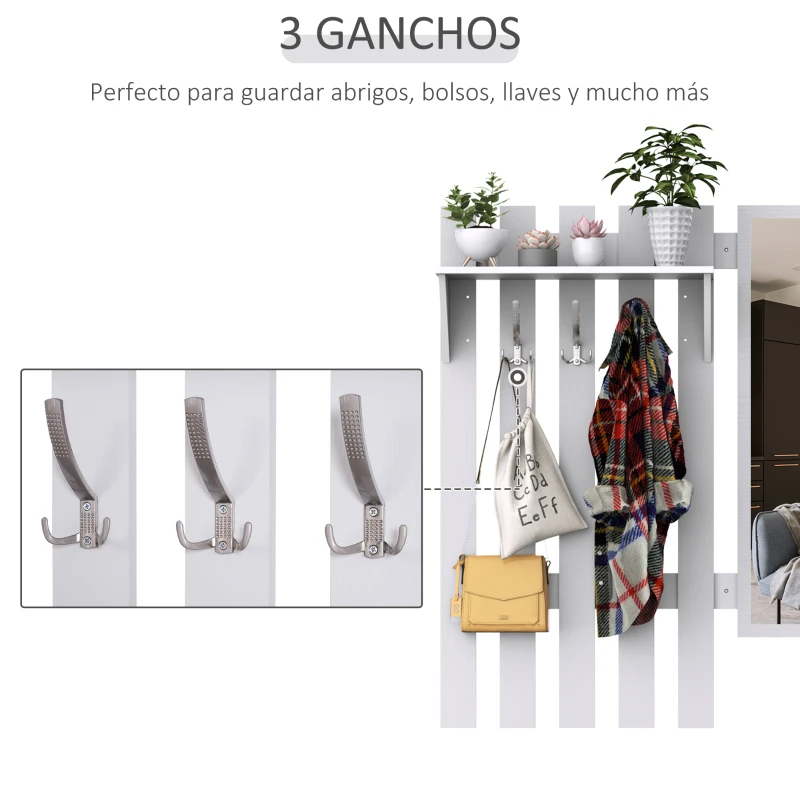 HOMCOM Conjunto de Recibidor de Entrada con Espejo Perchero Zapatero 3 Ganchos Estante y 2 Cajones para Pasillo Blanco