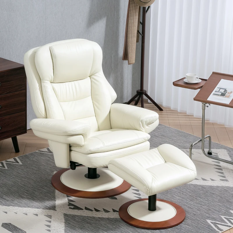 HOMCOM Relaxsessel mit Hocker, Liegefunktion, Drehbarer TV-Sessel mit Holzsockel, bis 150 kg belastbar, Kunstleder, Cremeweiß(m-7)