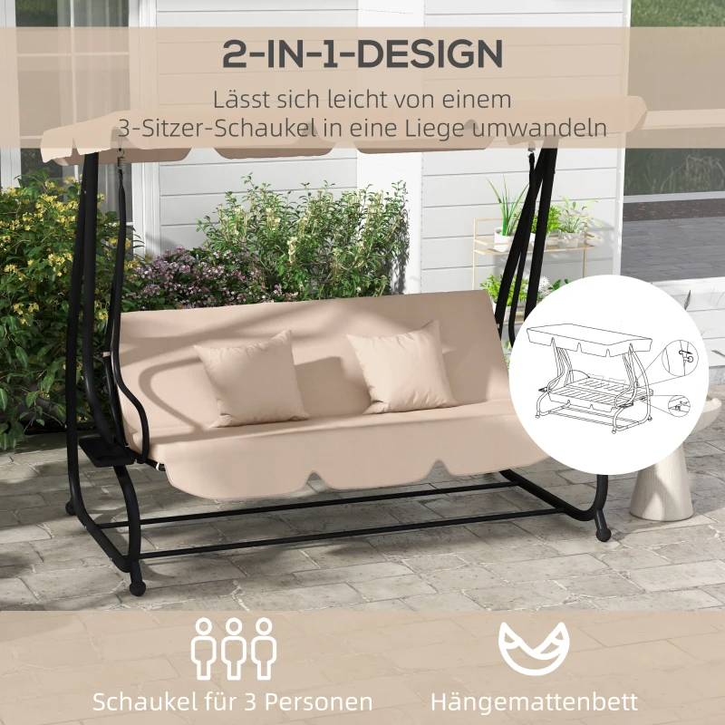 Outsunny Schaukelbank, 3-Sitzer Hollywoodschaukel, Gartenschaukel mit Getränkehaltern, Stahl, 200 x 120 x 164 cm, Braun(m-4)
