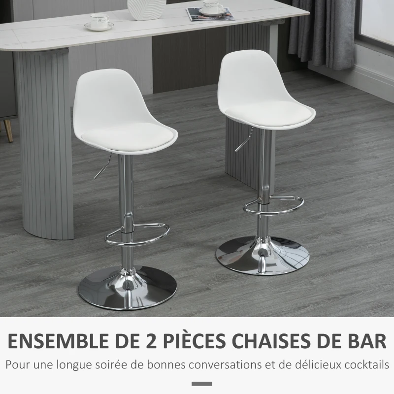 HOMCOM Lot de 2 tabourets de bar chaise haute cuisine avec dossier et repose-pieds, hauteur réglable, 38x42x82-104cm, blanc