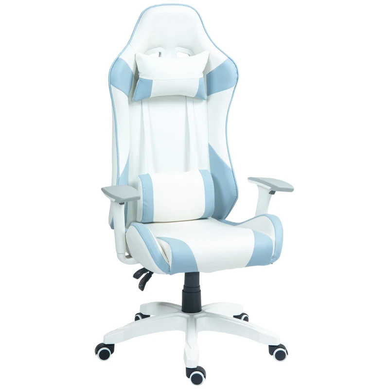 HOMCOM Silla Gamer con Cojín Lumbar Reposabrazos Ajustable Reposacabezas Extraíble y Altura Ajustable 67x60x120-128 cm Azul