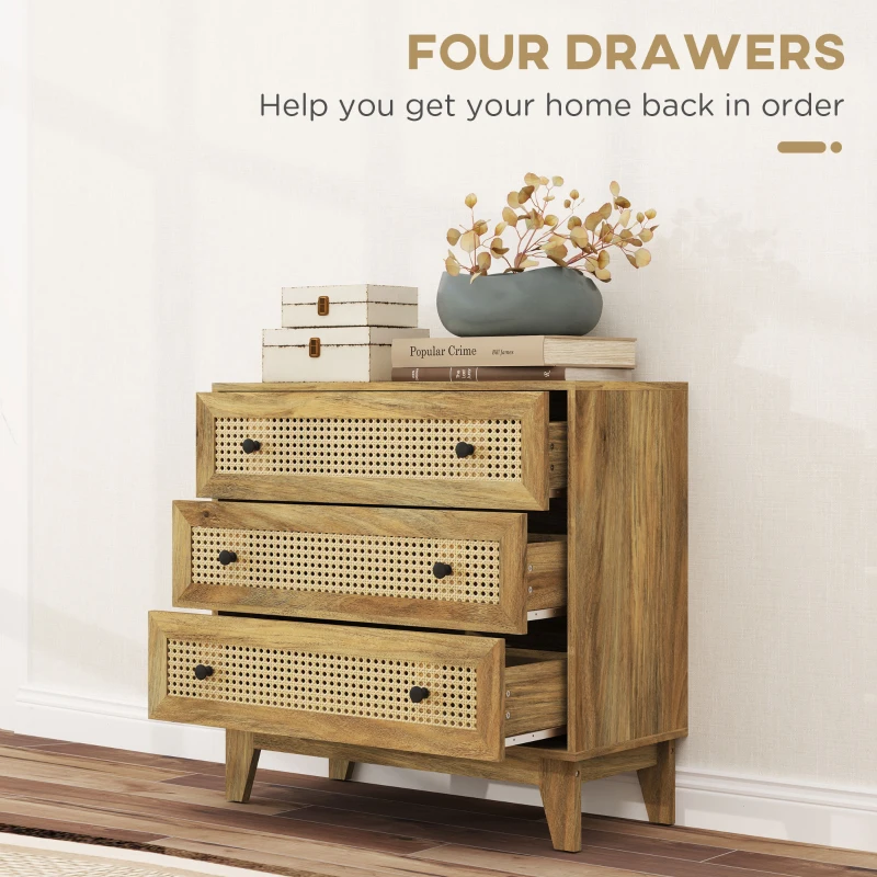 HOMCOM 3-Drawer Chest Storage Unit Rattan Cane Light Wood Appearance 80 x 35 x 76 cm
