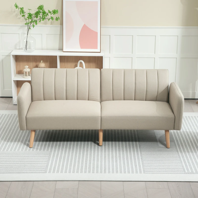 HOMCOM Schlafsofa 2-Sitzer skandinavisches Design, Verstellbare Rückenlehne in 3 Positionen, Holzbeine, Leinenstoff Beige