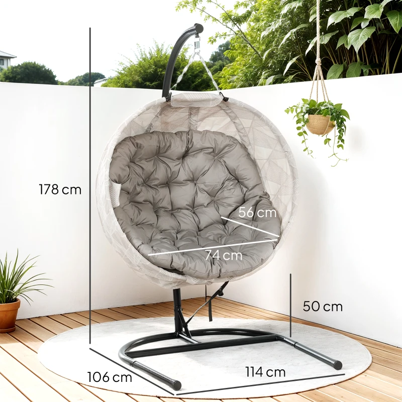 Outsunny Cadeira Suspensa com Suporte Cesto Dobrável de Malha Dupla com Almofada e Apoio para Copos 106x114x178 cm Areia e Preto
