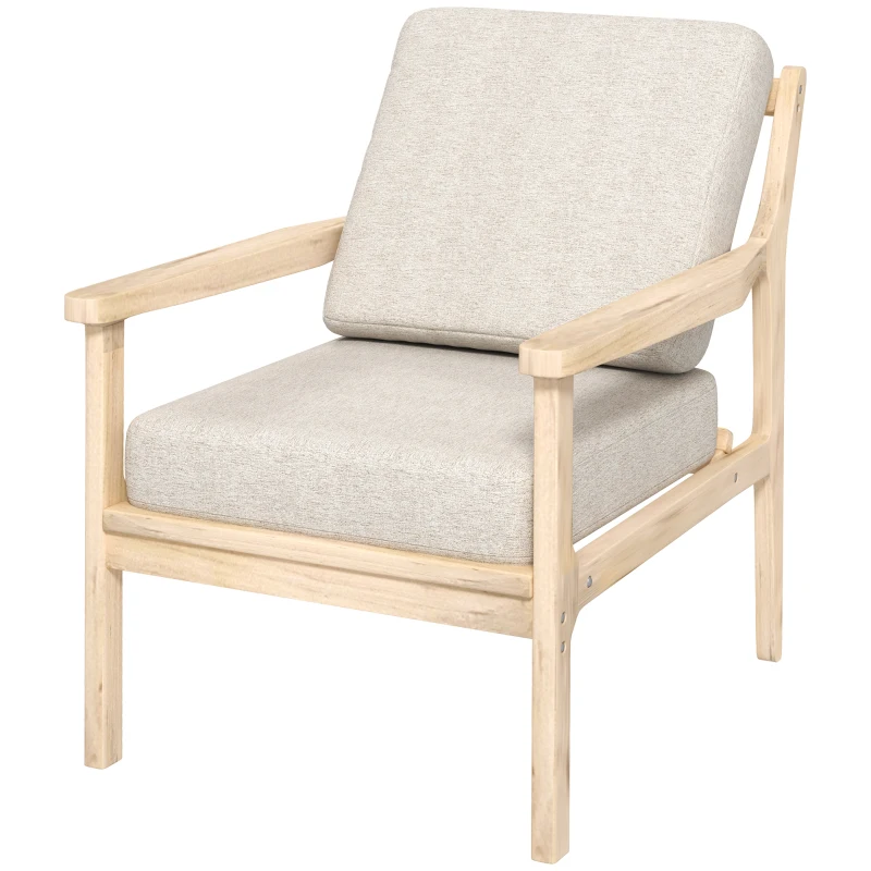 HOMCOM Minimalist design lounge chair with wooden structure, 2 removable cushions covered in linen-effect fabric, armrests, beige