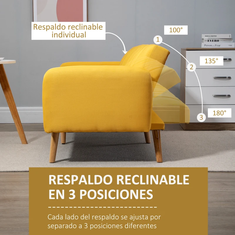 HOMCOM Sofá Cama de 3 Plazas Moderno 173x75x73 cm Sofá Cama Plegable Tapizado en Lino Sintético con Respaldo Ajustable en 3 Niveles y Reposabrazos Desmontables para Salón Oficina Amarillo