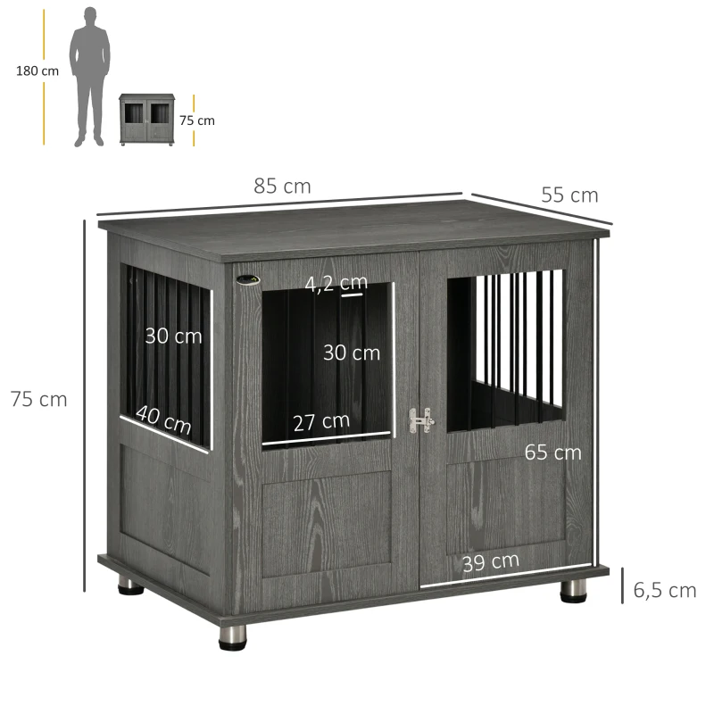 PawHut Cage pour chiens, Niche pour chiens, Maison pour chiens avec serrure, Porte magnétique, Maison pour chiens avec fenêtre, pour chiens de grande taille, 85 x 55 x 75 cm, Gris
