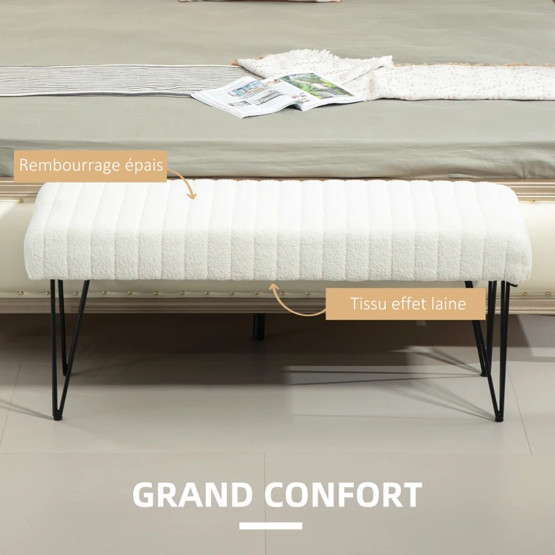 HOMCOM Banc bout de lit banquette en tissu bouclette blanc avec pieds épingle en métal noir 118,5l x 46P x 49,5H cm crème
