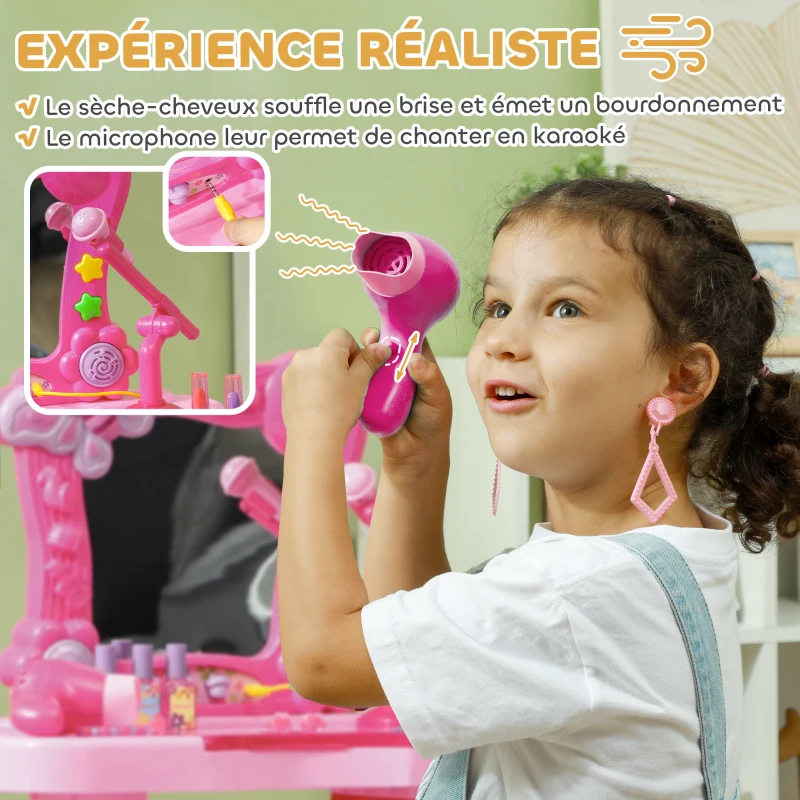 AIYAPLAY 15 PCS Coiffeuse enfant avec tabouret et miroir, lumière, musique, microphone, sèche-cheveux, espace de rangement