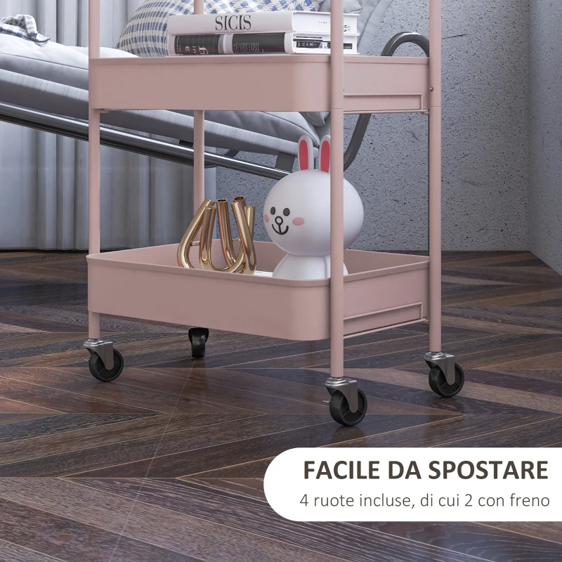 HOMCOM Carrello da Cucina a 3 Livelli con Maniglie e 4 Rotelle, in Acciaio, 45x30.6x79 cm, Rosa