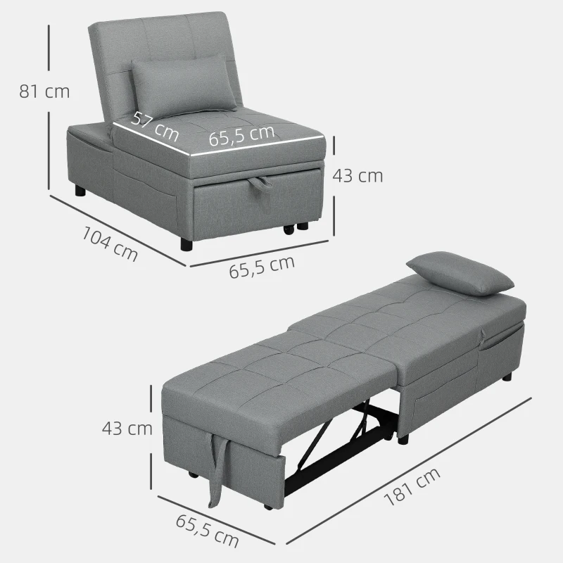 HOMCOM Fauteuil pliant 3-en-1 avec poche latérale, lit d'appoint avec coussin, dossier réglable, fauteuil-lit avec roulettes, Gris clair