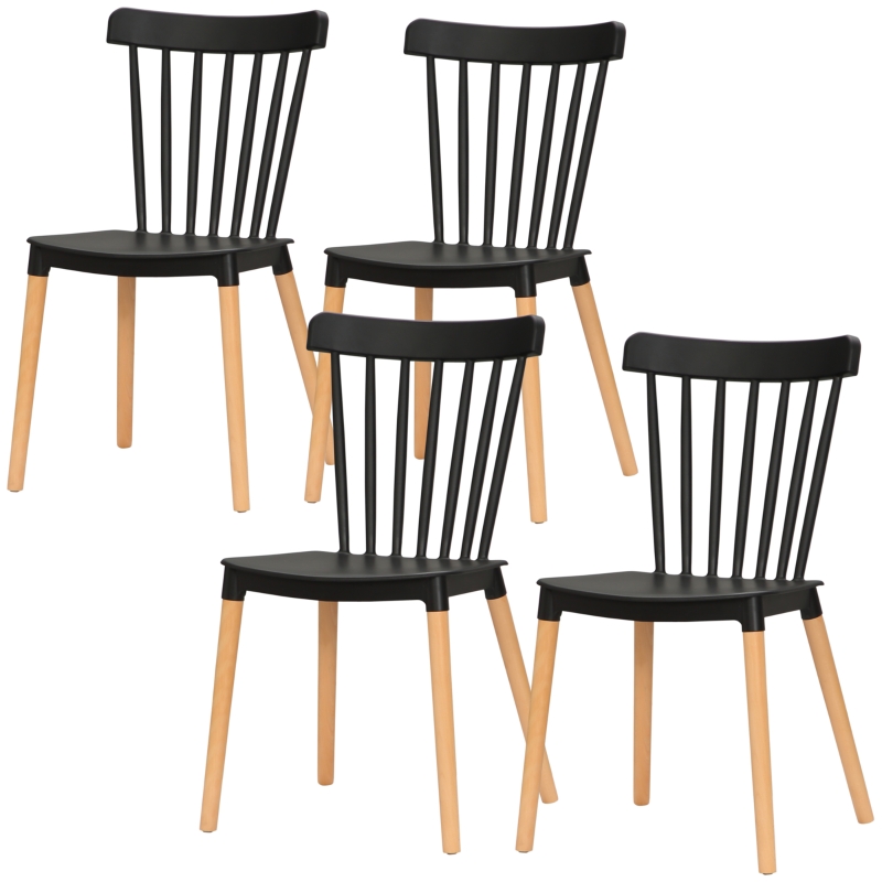 HOMCOM Set mit 4 skandinavischen Stühlen, hohe Rückenlehne, Sitze aus Polypropylen, Buchenholzbeine, 48 x 52,5 x 83 cm, Schwarz