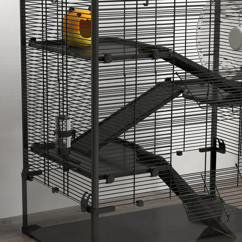 PawHut Cage pour hamster avec fond en verre, cage pour hamsters nains à quatre niveaux avec cabane et accessoires, 78,5L x 48,5l x 80H cm, Noir
