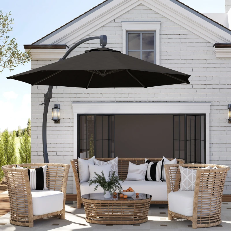 Outsunny 3(m) Garden Cantilever Parasol, Round Overhanging Umbrella with Crank Handle, Cross Base, Aluminium Frame and 360° Rotation, Banana Patio Umbrella for Outdoor Sun Shade, Black