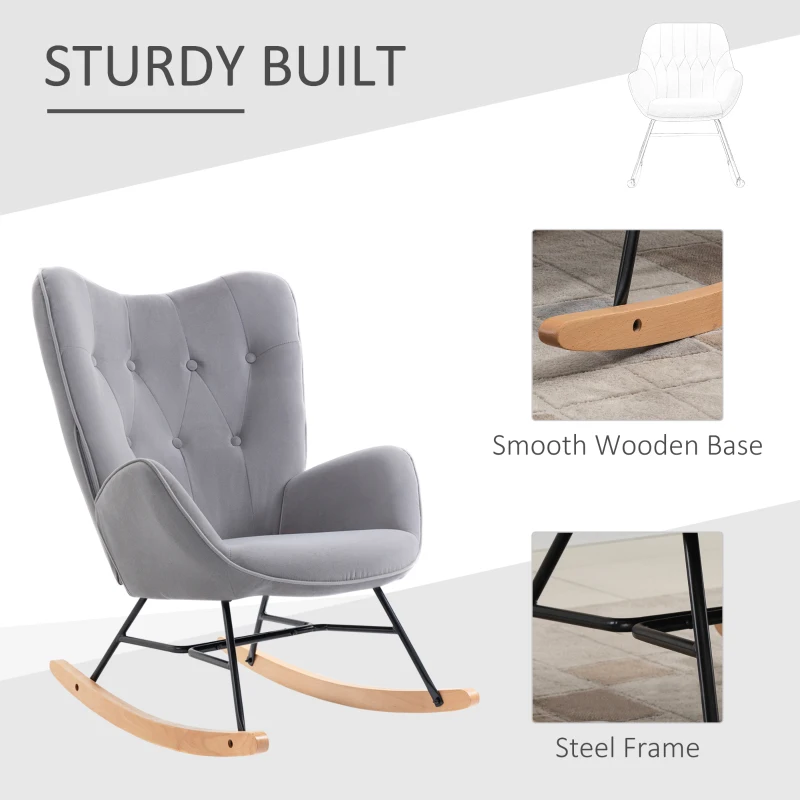 HOMCOM Rocking Chair with Ear Wings Grand Comfort Armrests Seat Backrest High Density Foam Velvet-Like Gray